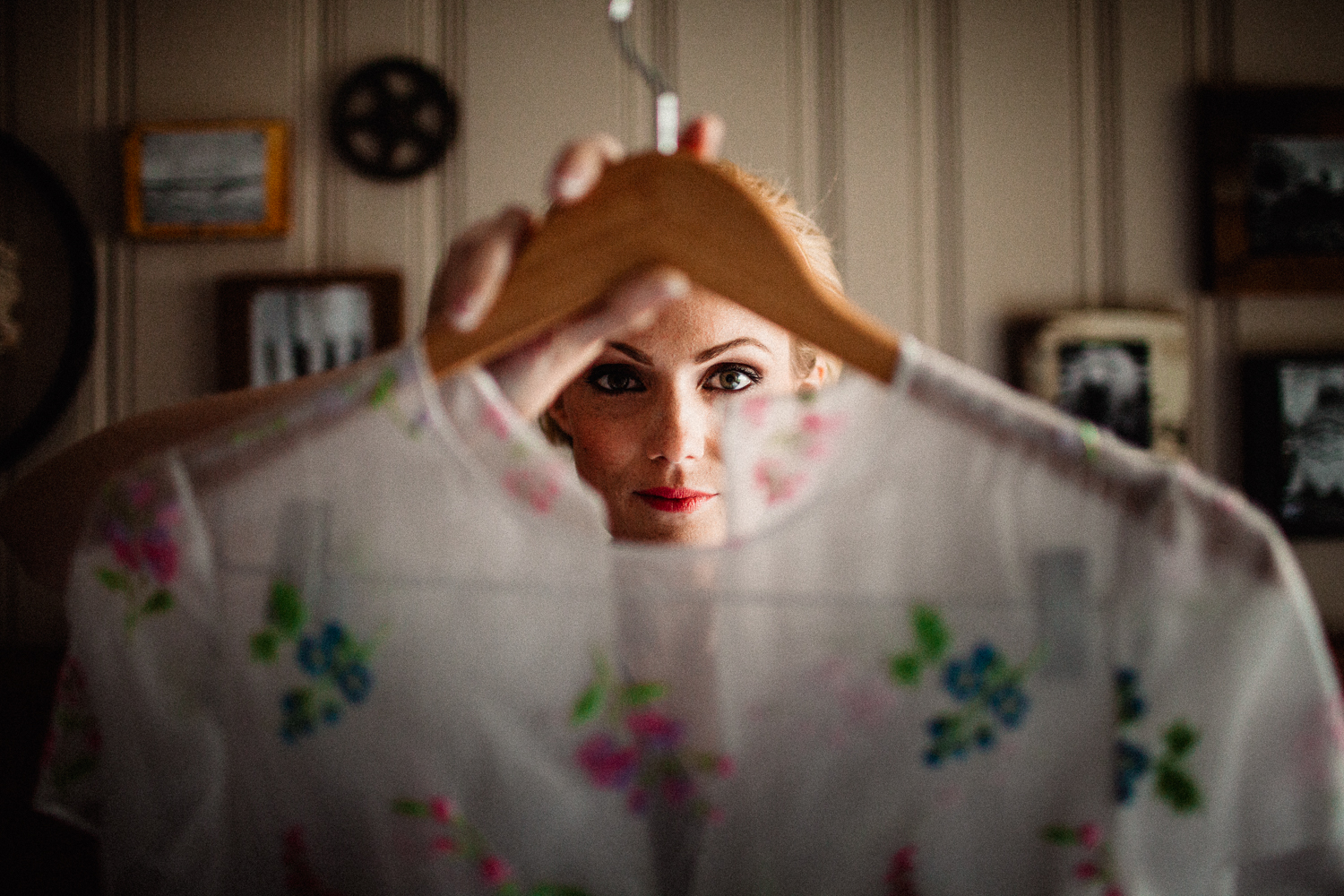 girl holding wedding dress